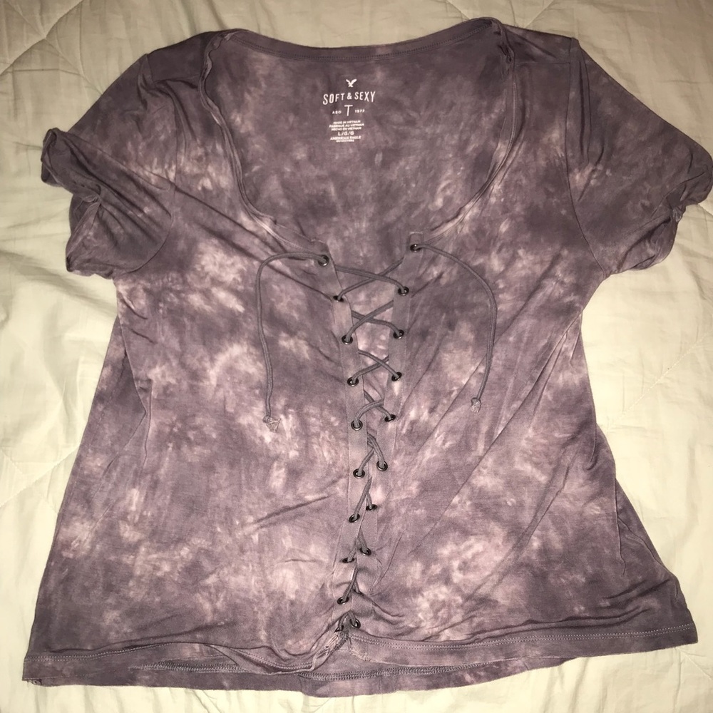 AE Soft & Sexy Tye-Dye Lace-Up T-Shirt | Size L